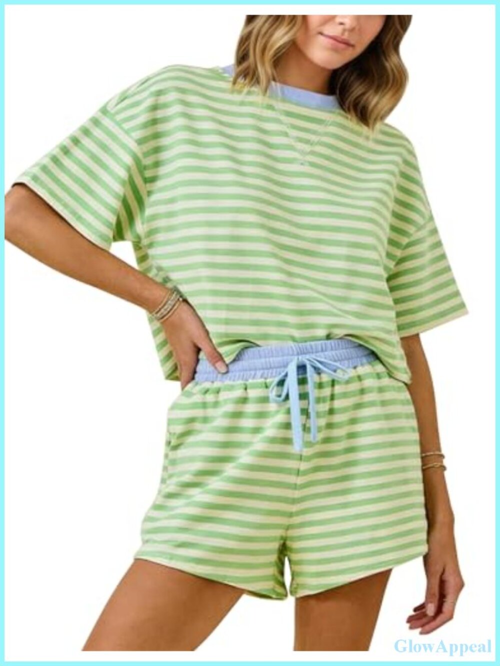 Women's Striped Lounge Set 2 Piece Crop Top Short Sleeve Cotton Blend